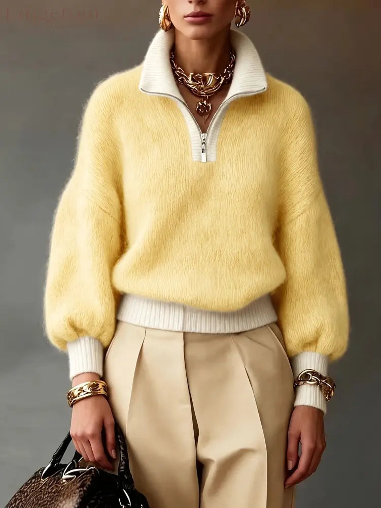Chic Lavender Contrast-Trim Half-Zip Sweater - Yellow / S