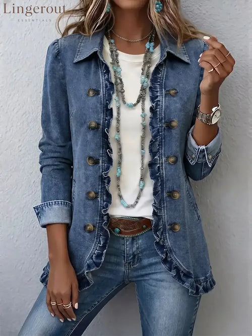 Chic Ruffled Denim Jacket - Blue / S - default