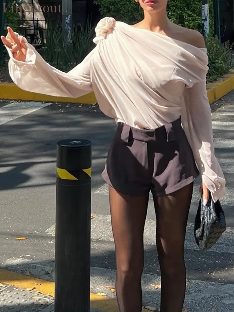 Chiffon Semi-Sheer One Shoulder Asymmetrical Blouse