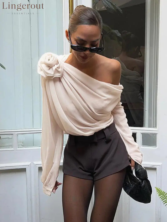 Chiffon Semi-Sheer One Shoulder Asymmetrical Blouse - Apricot / S
