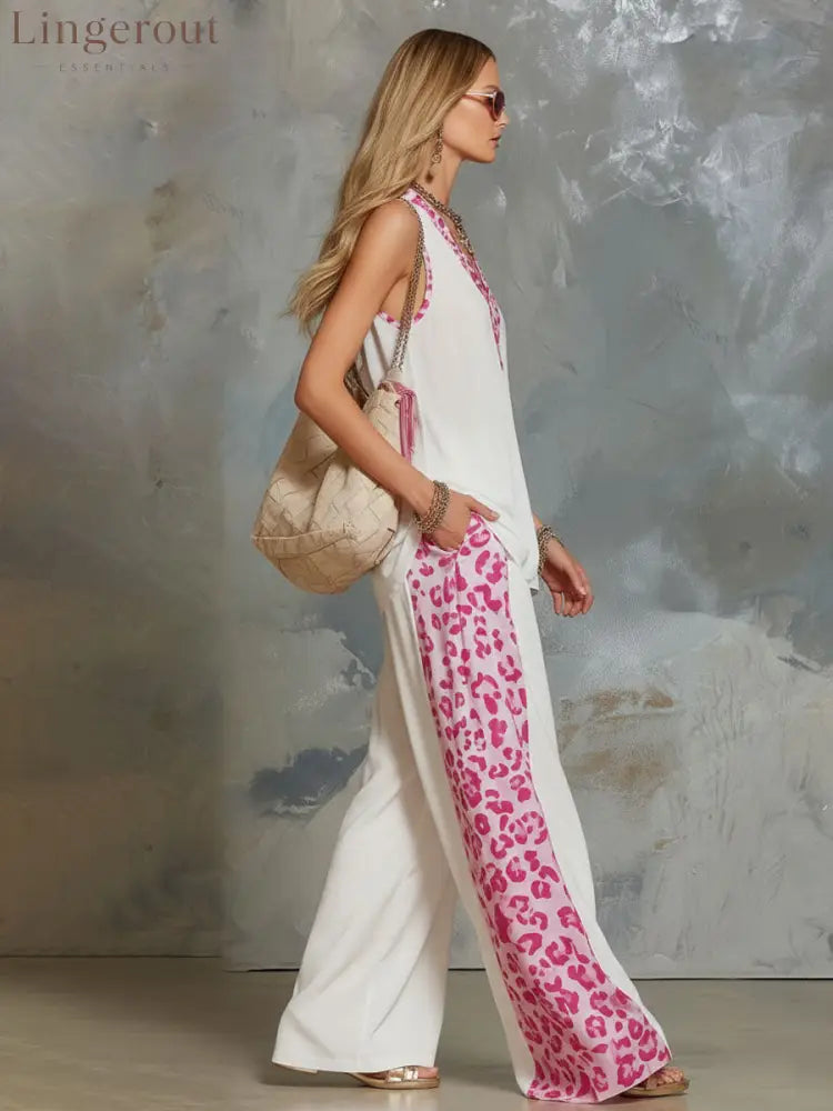 Chiffon V-neck Sleeveless Leopard Print Top And Pants Set