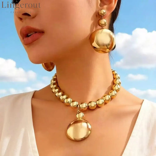 Chunky Round Ball Jewelry 2-Piece Set | Statement Beaded Choker & Triple Ball Drop Earrings - Gold