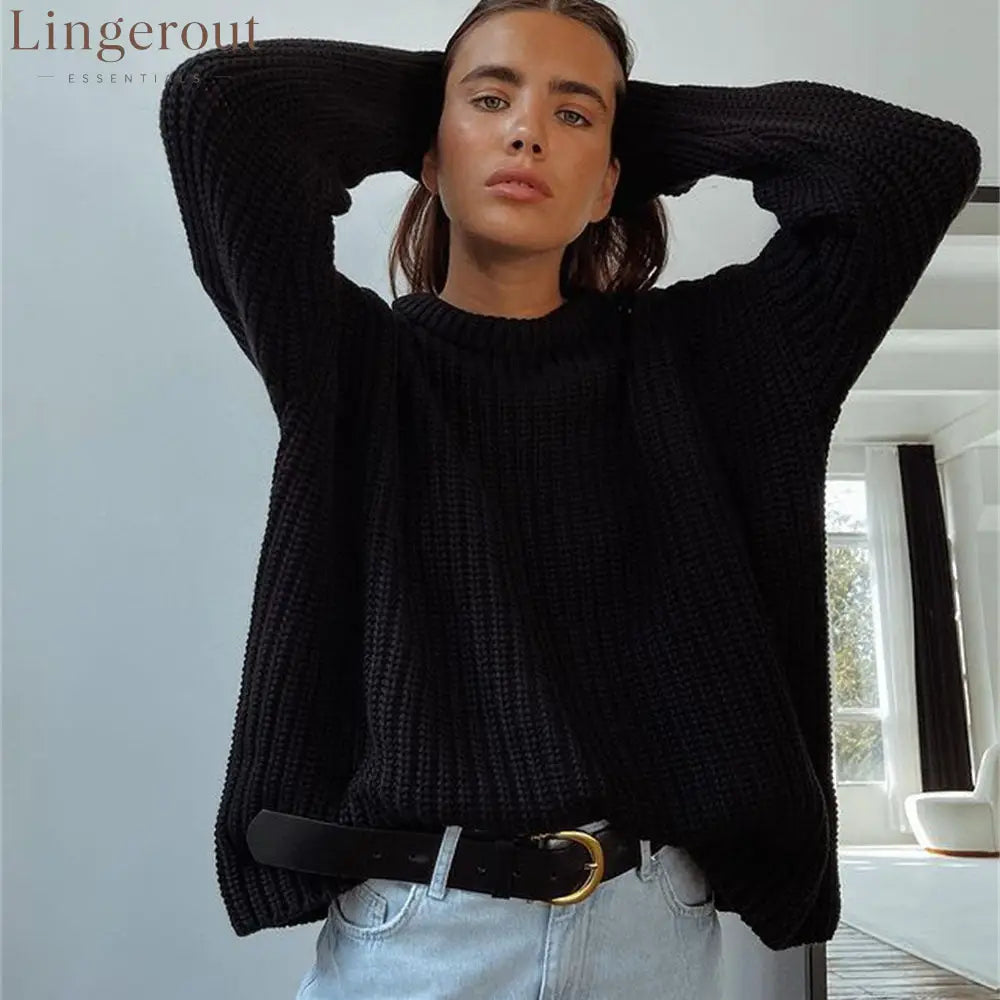 Chunky Waffle Knit Crewneck Sweater - Black / S