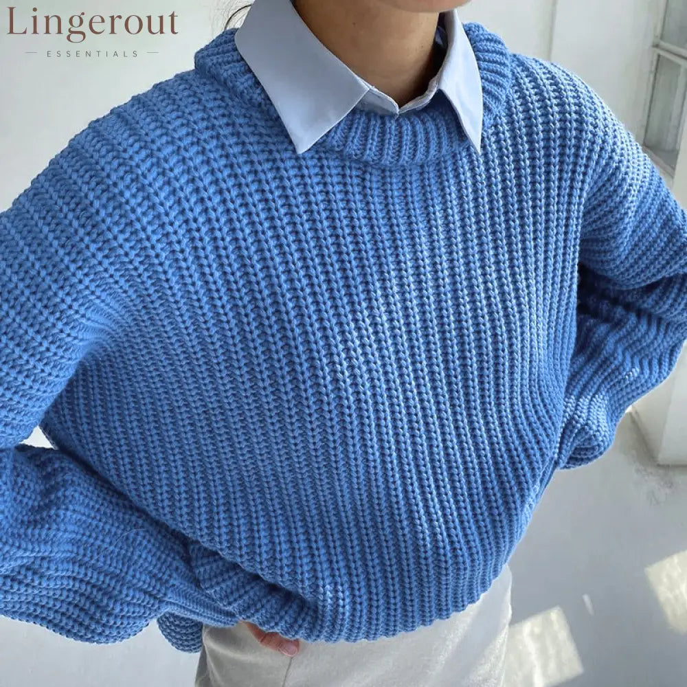 Chunky Waffle Knit Crewneck Sweater - Blue / S