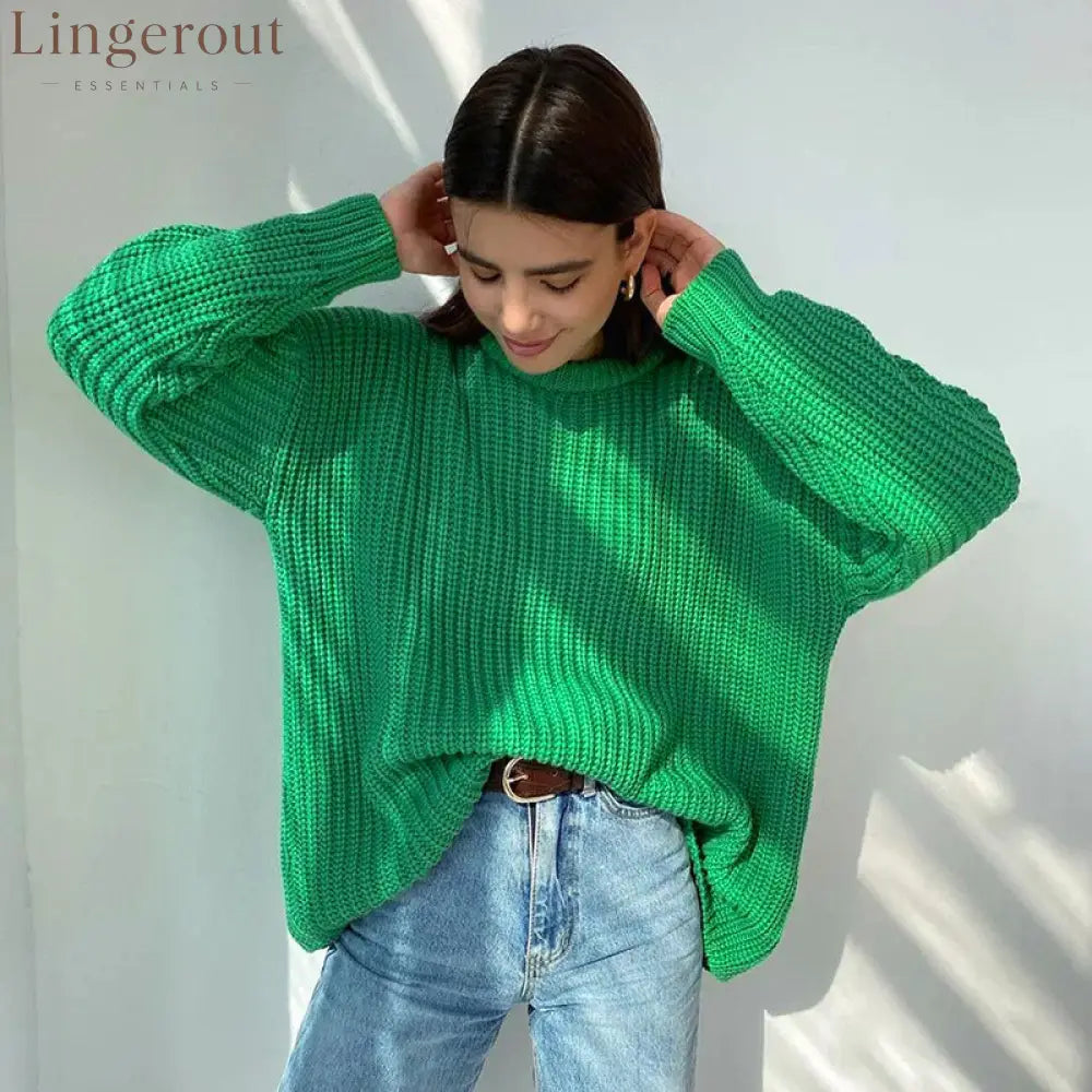 Chunky Waffle Knit Crewneck Sweater - Green / S