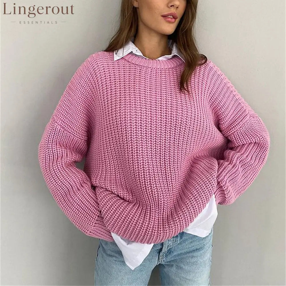 Chunky Waffle Knit Crewneck Sweater - Pink / S