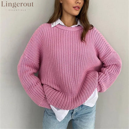 Chunky Waffle Knit Crewneck Sweater - Pink / S