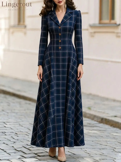 Classic Plaid Long Sleeve Maxi Dress