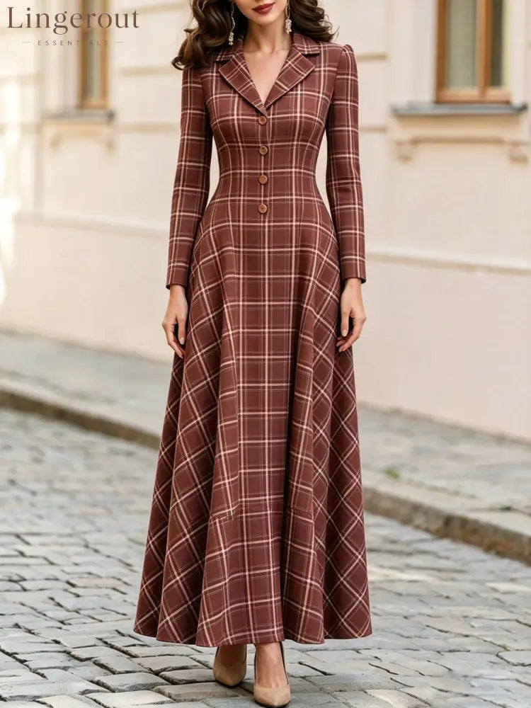 Classic Plaid Long Sleeve Maxi Dress - Brown / S