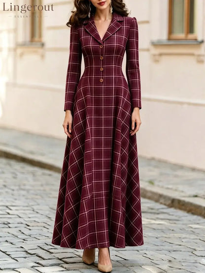 Classic Plaid Long Sleeve Maxi Dress - Burgundy / S