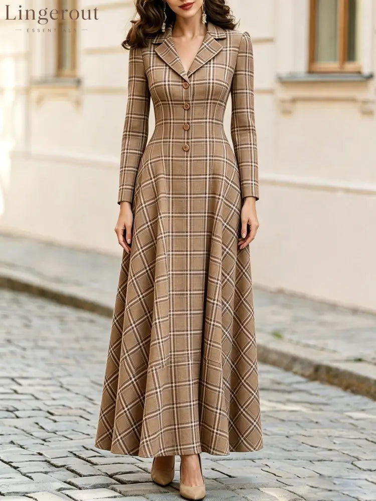 Classic Plaid Long Sleeve Maxi Dress - Khaki / S