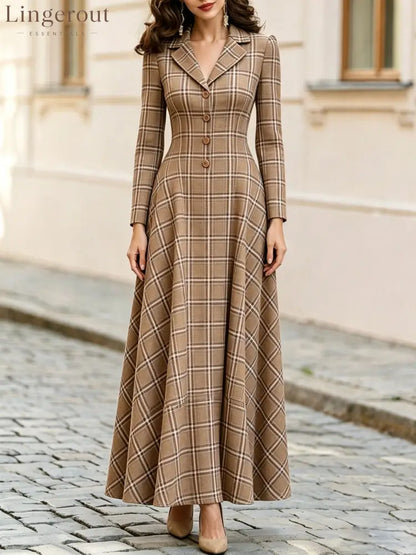 Classic Plaid Long Sleeve Maxi Dress - Khaki / S