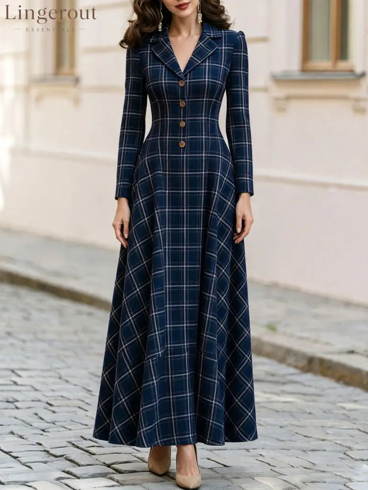 Classic Plaid Long Sleeve Maxi Dress - Navy / S