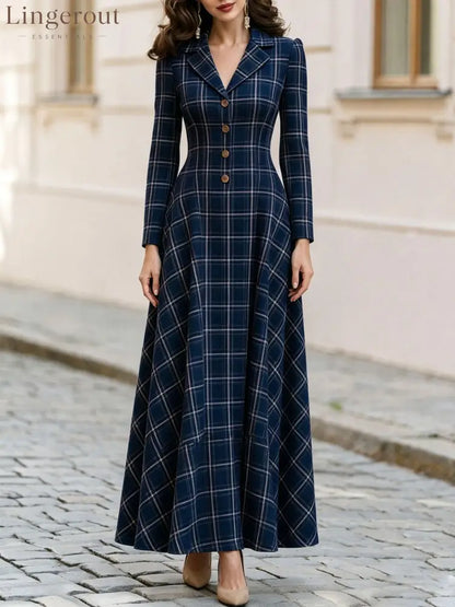 Classic Plaid Long Sleeve Maxi Dress - Navy / S