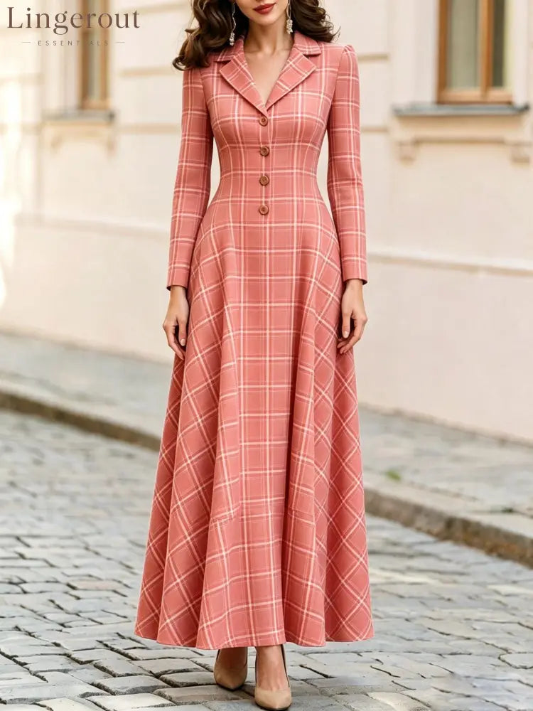 Classic Plaid Long Sleeve Maxi Dress - Pink / S