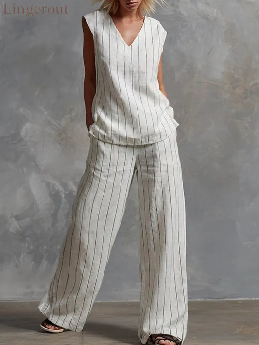 Classic Striped White Cotton Sleeveless Top And Wide-leg Pants Set - White / XS
