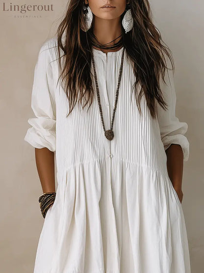 Coastal Chic Soft Cotton Oversized Off-White Smock Maxi Dress - Long Sleeve Maxi Dress