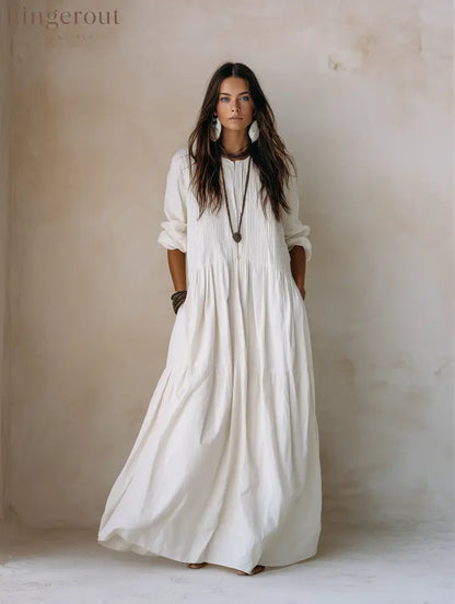 Coastal Chic Soft Cotton Oversized Off-White Smock Maxi Dress - Long Sleeve Maxi Dress