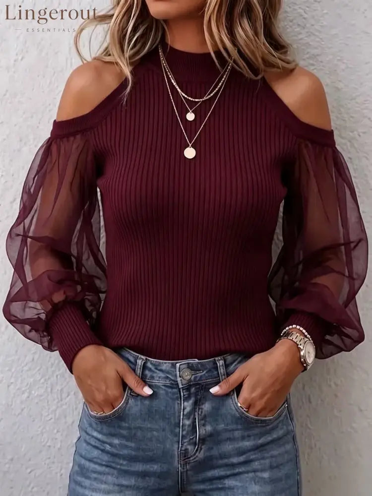 Cold-Shoulder Ribbed Top with Sheer Sleeves - Burgundy / S