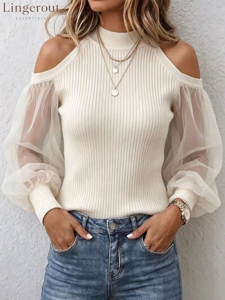 Cold-Shoulder Ribbed Top with Sheer Sleeves - White / S