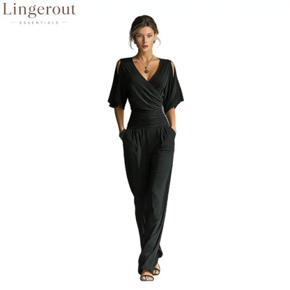 Cold Shoulder Wrap V Ruched Waist Wide Leg Jumpsuit