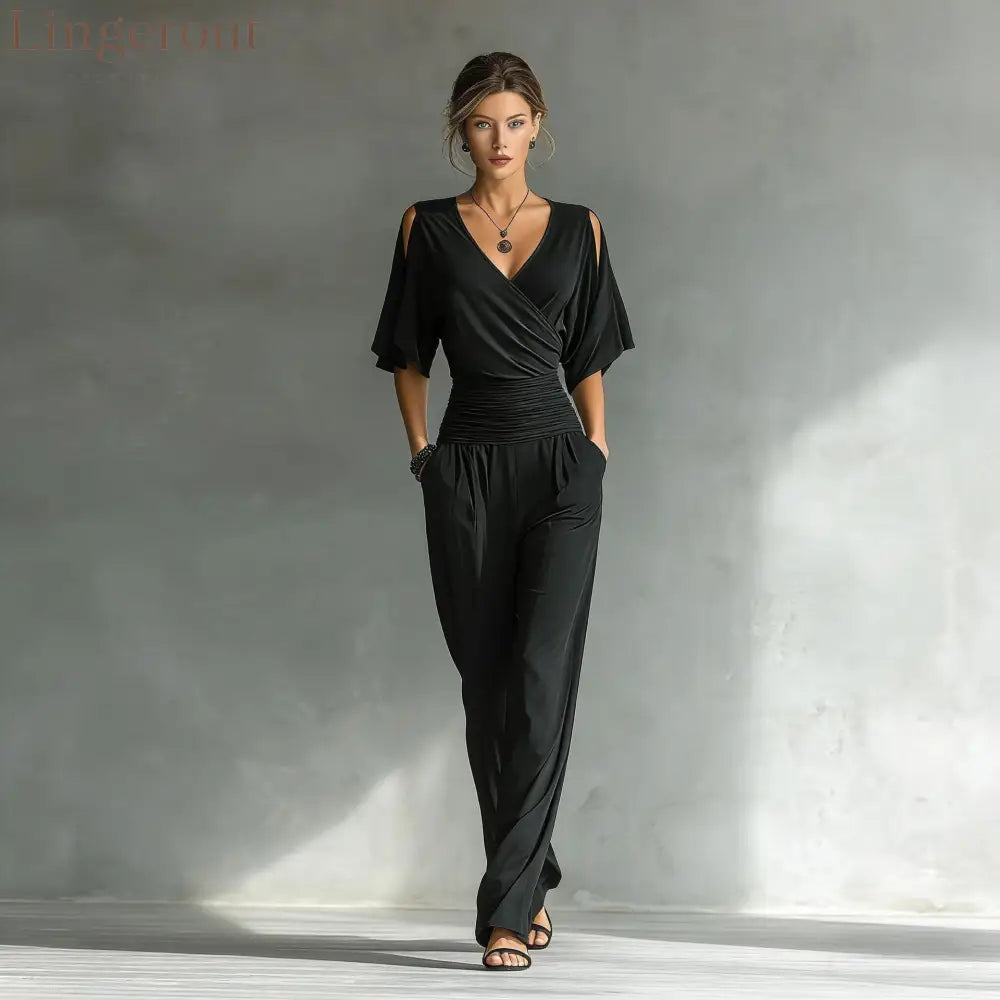 Cold Shoulder Wrap V Ruched Waist Wide Leg Jumpsuit - Black / S