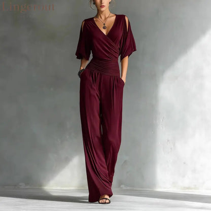 Cold Shoulder Wrap V Ruched Waist Wide Leg Jumpsuit - Claret / S