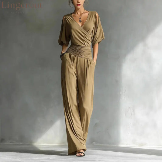 Cold Shoulder Wrap V Ruched Waist Wide Leg Jumpsuit - Khaki / S