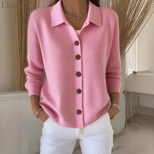 Collar Wooden Button Knit Cardigan