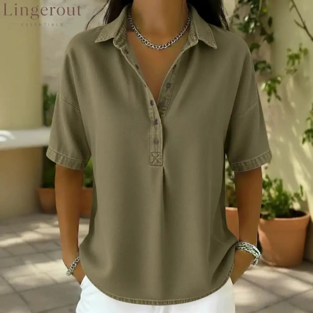 Collared Half‑Button Short‑Sleeve Denim Blouse