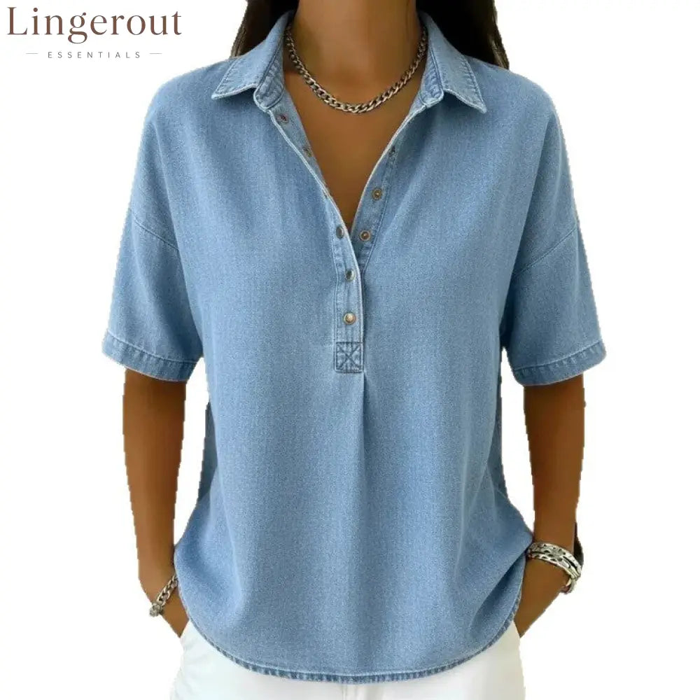 Collared Half‑Button Short‑Sleeve Denim Blouse