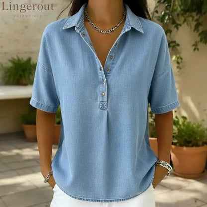 Collared Half‑Button Short‑Sleeve Denim Blouse