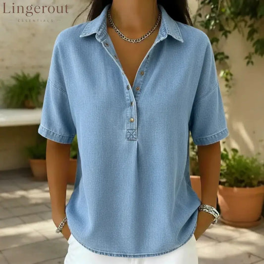 Collared Half‑Button Short‑Sleeve Denim Blouse