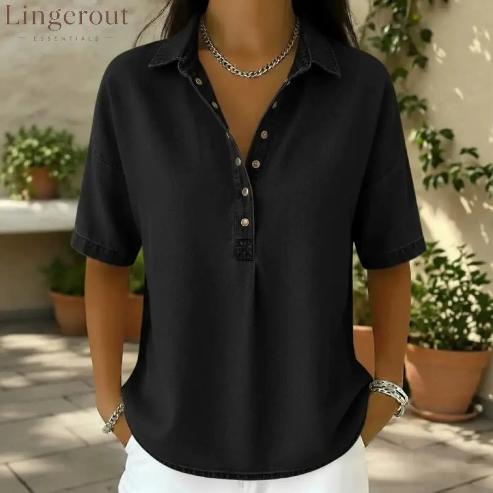 Collared Half‑Button Short‑Sleeve Denim Blouse