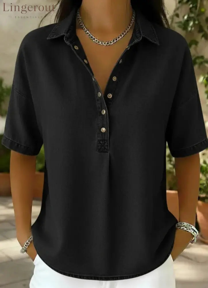 Collared Half‑Button Short‑Sleeve Denim Blouse - Black / S
