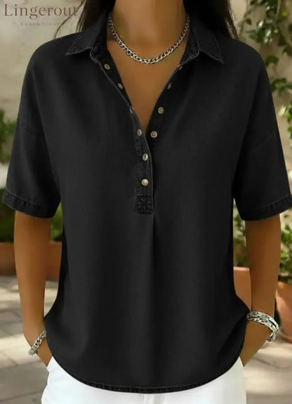 Collared Half‑Button Short‑Sleeve Denim Blouse - Black / S