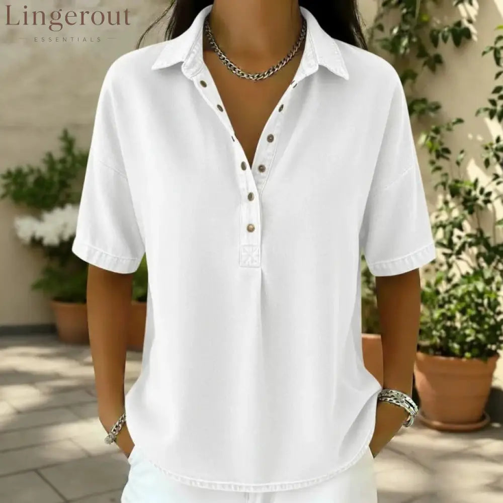 Collared Half‑Button Short‑Sleeve Denim Blouse - White / S