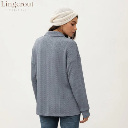 Collared Long Sleeve Button-Up Top with Textured Knit Design