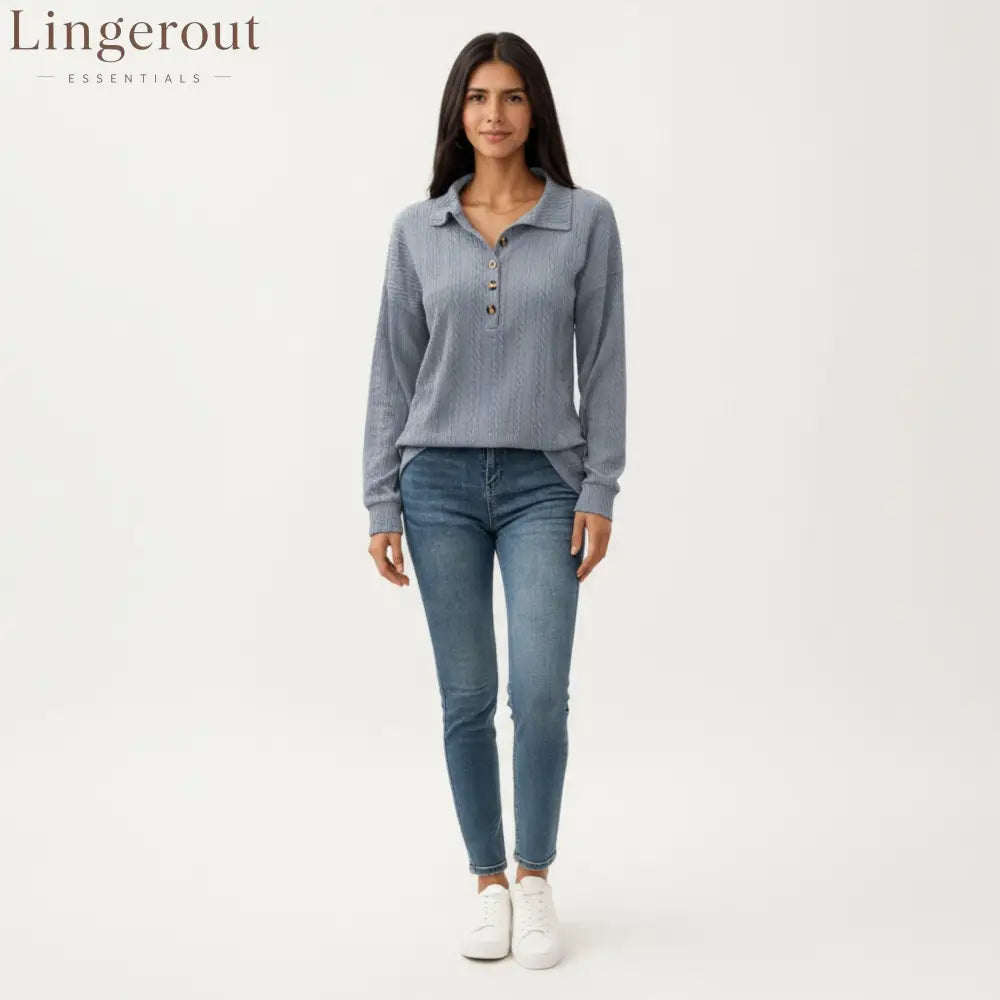 Collared Long Sleeve Button-Up Top with Textured Knit Design