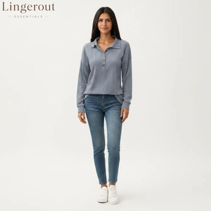 Collared Long Sleeve Button-Up Top with Textured Knit Design