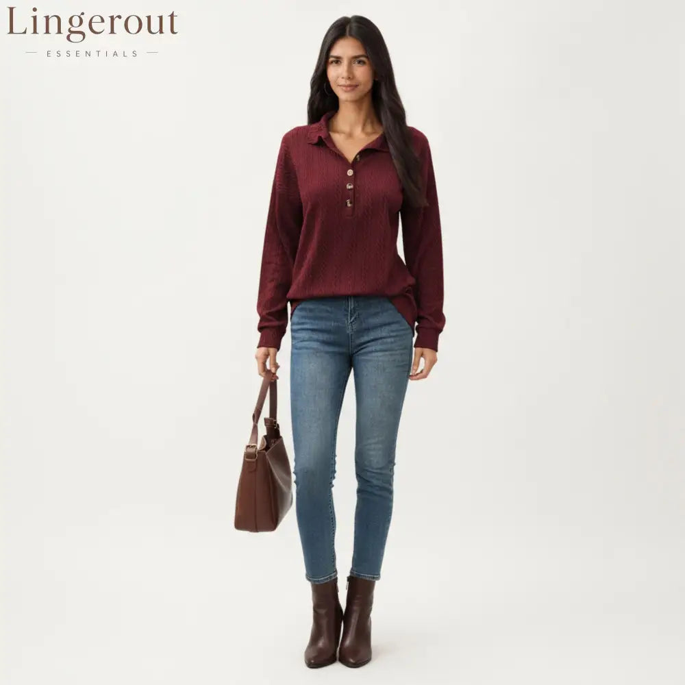Collared Long Sleeve Button-Up Top with Textured Knit Design