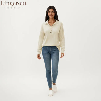 Collared Long Sleeve Button-Up Top with Textured Knit Design
