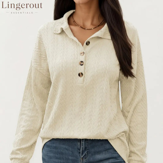 Collared Long Sleeve Button-Up Top with Textured Knit Design