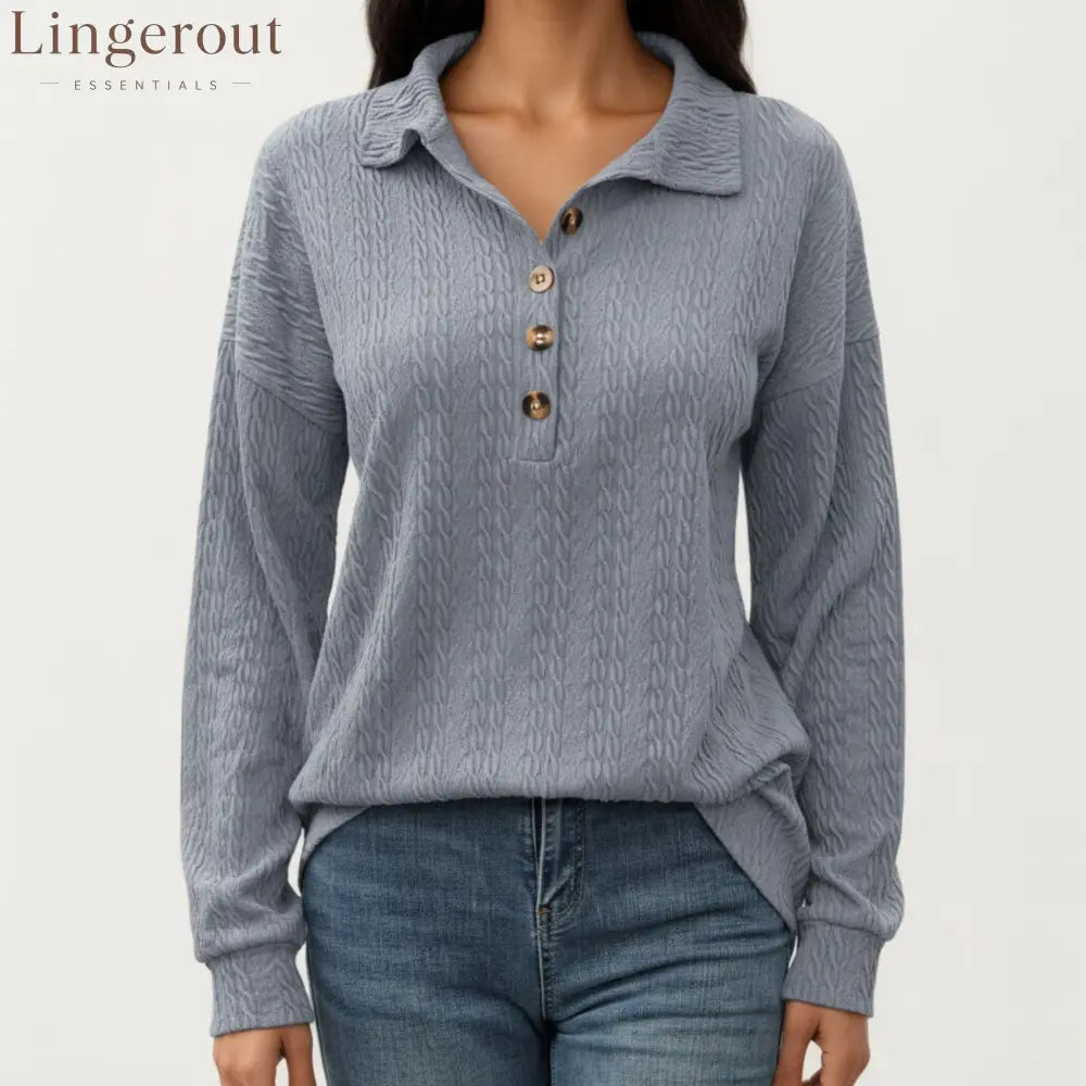 Collared Long Sleeve Button-Up Top with Textured Knit Design