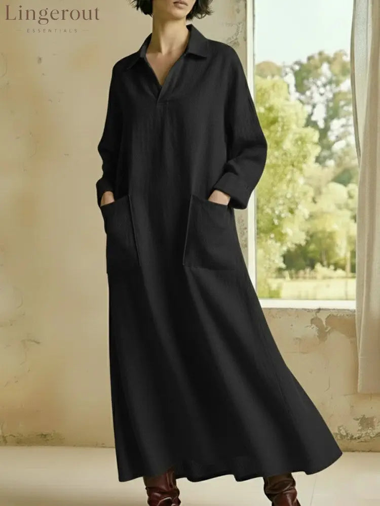 Collared Maxi Shirt Dress with Patch Pockets - Black / S