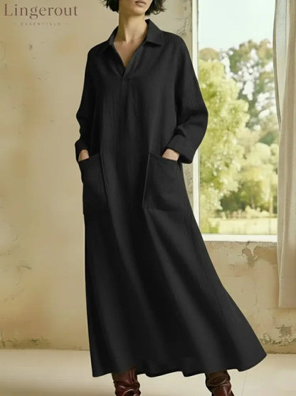 Collared Maxi Shirt Dress with Patch Pockets - Black / S