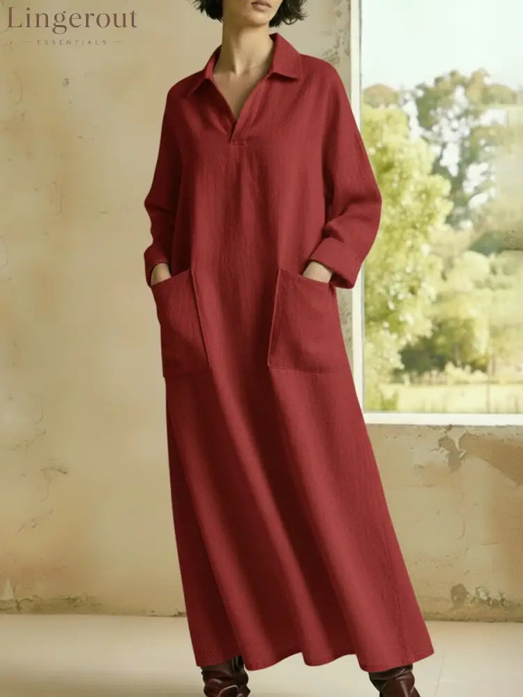 Collared Maxi Shirt Dress with Patch Pockets - Burgundy / S