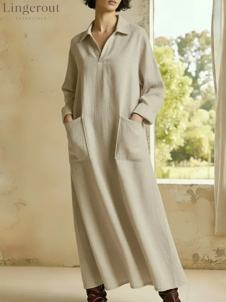 Collared Maxi Shirt Dress with Patch Pockets - Khaki / S