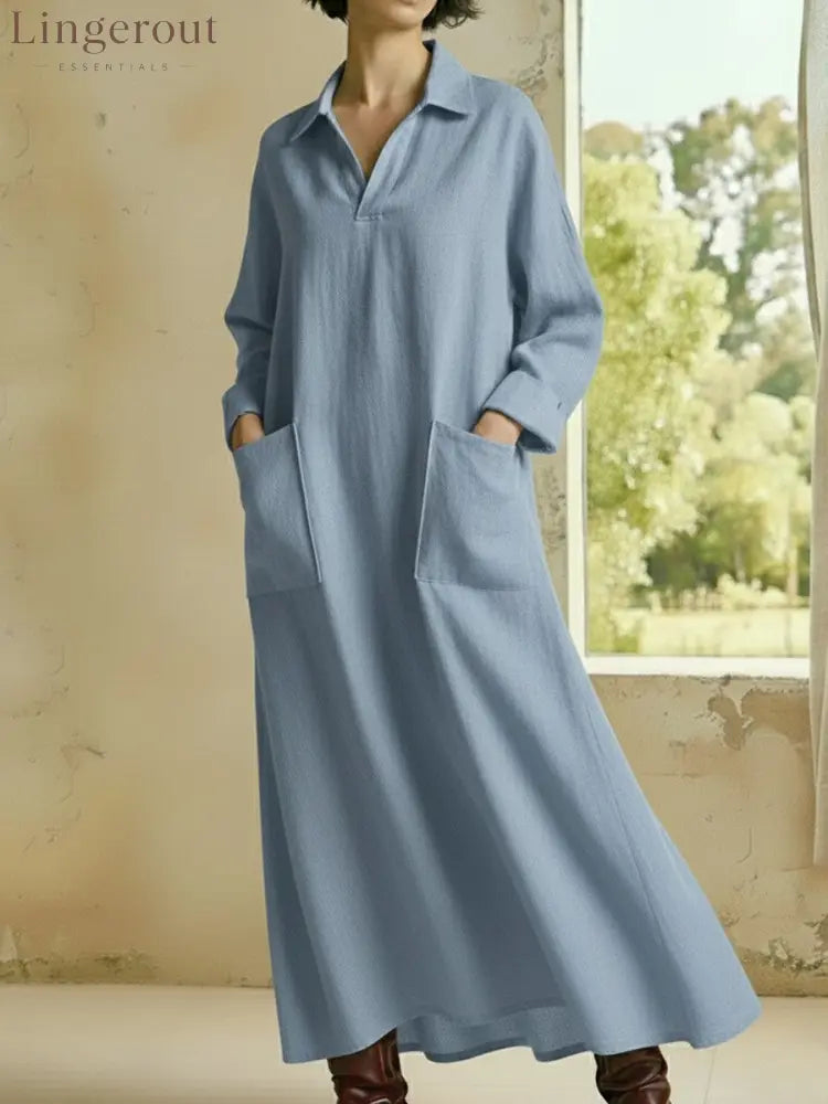 Collared Maxi Shirt Dress with Patch Pockets - Light blue / S