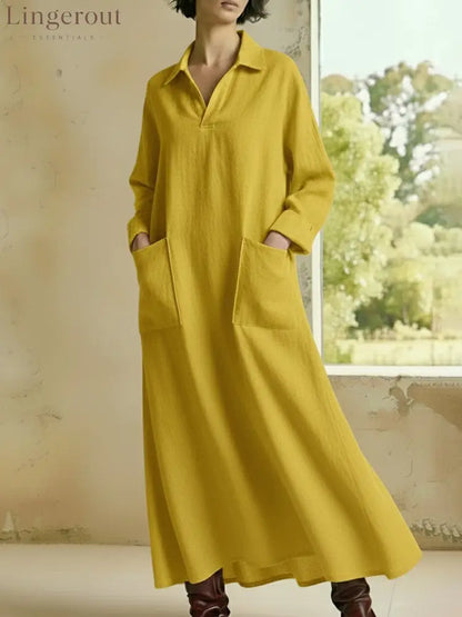 Collared Maxi Shirt Dress with Patch Pockets - Yellow / S